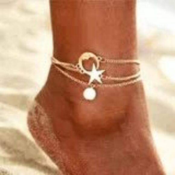 Bohemian Moon Star Pearl Gold Anklet - 3 piece - Picture 9 of 10